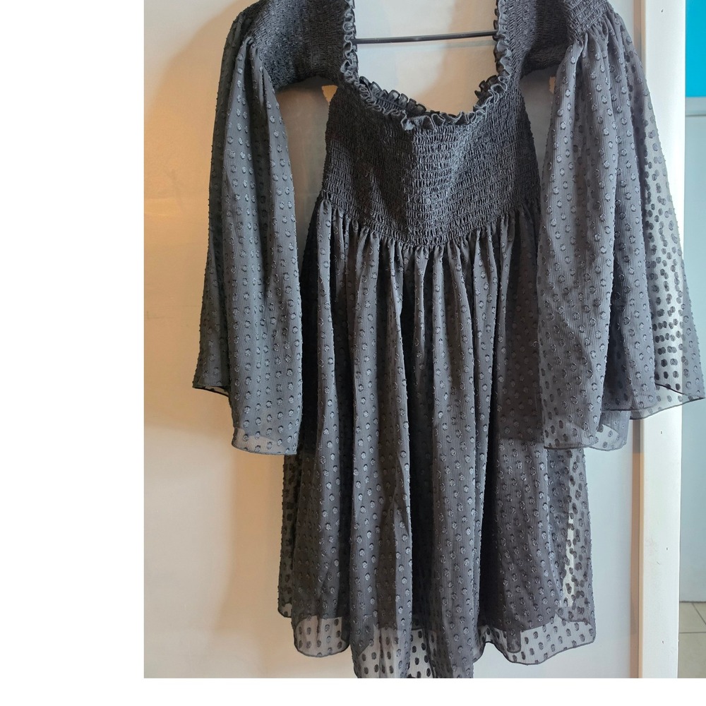 Betsey Johnson Collection Black Swiss Dot Smocked Mini Dress Bell Sleeve Medium